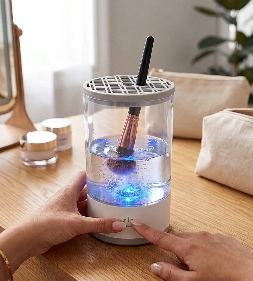 Person using a brush cleaning device on a wooden surface with a blurred background
