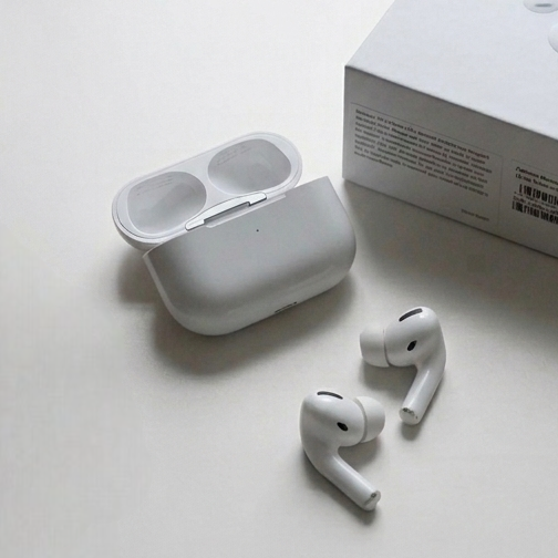White wireless earbuds with their charging case open, placed on a white tabletop next to a coffee mug and the product box near a window.
