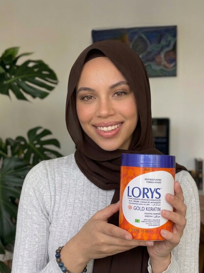 Woman holding a Lorys Gold Keratin product in a home setting