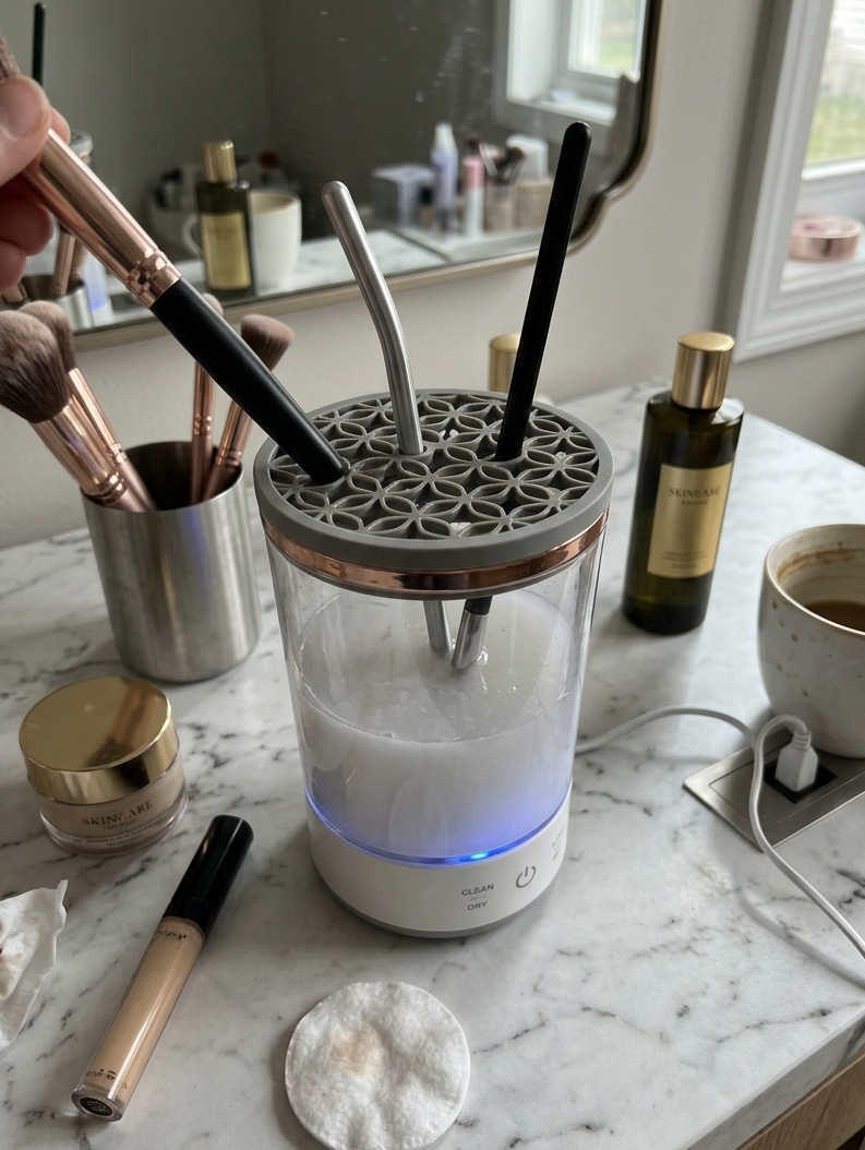 Makeup brushes in a cleaning device on a marble countertop with various makeup items around.