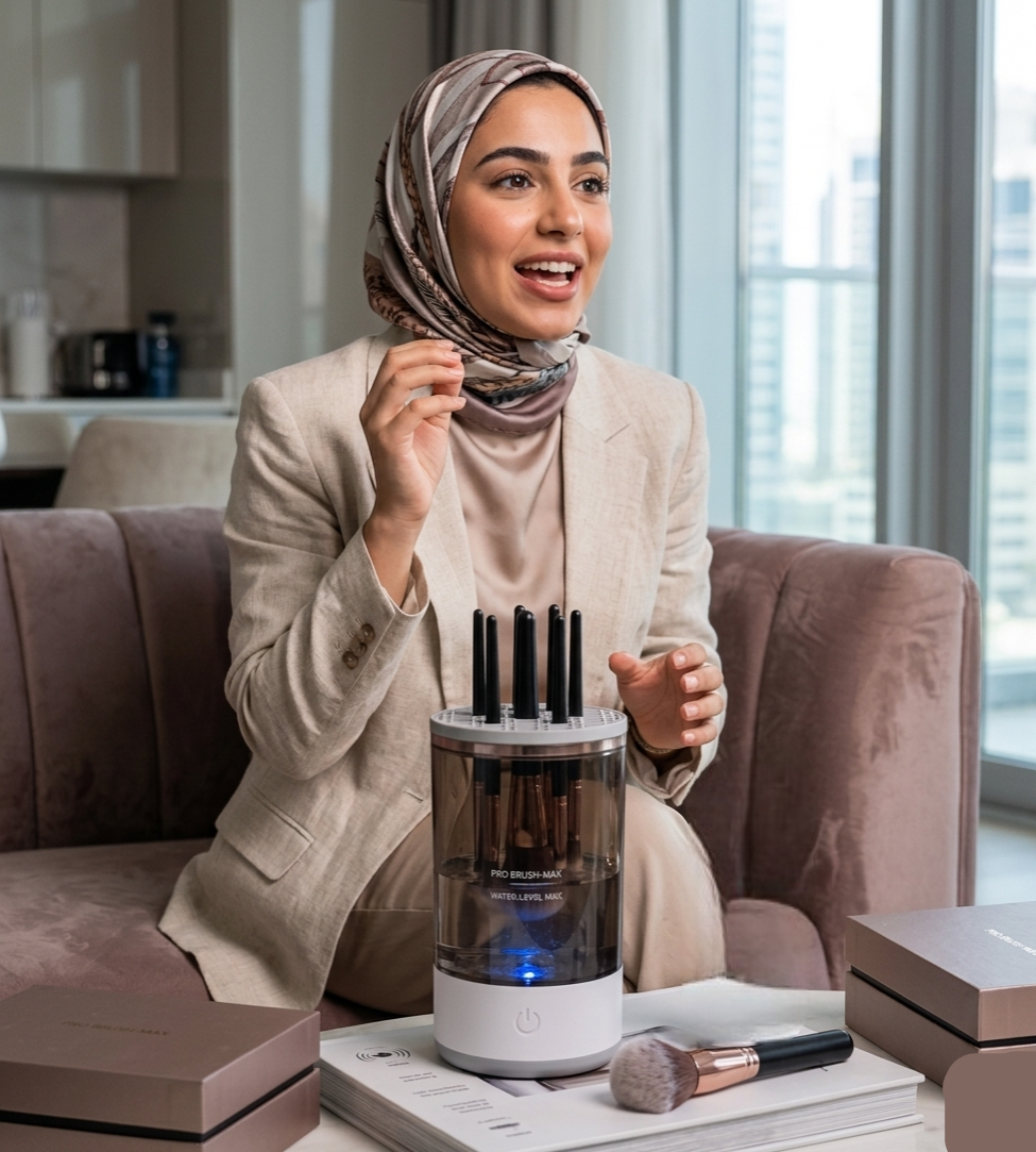 Woman sitting on a couch with a makeup organizer and brushes in a modern living room.