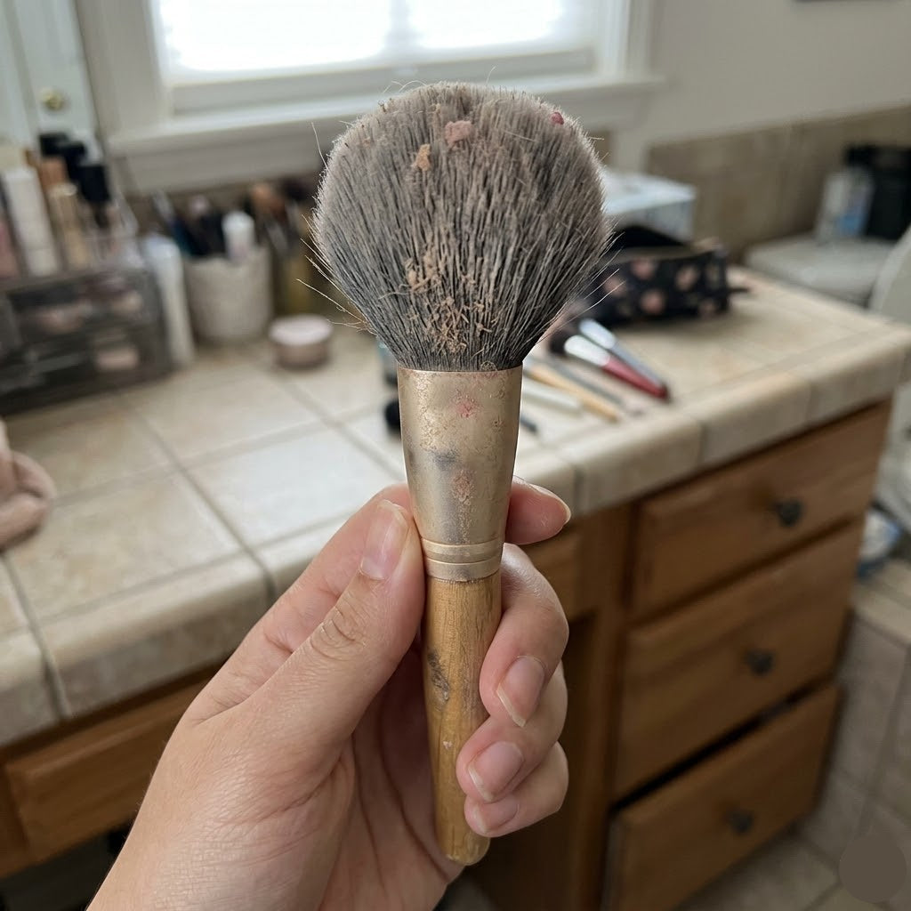 Makeup brush held by a hand in a kitchen setting