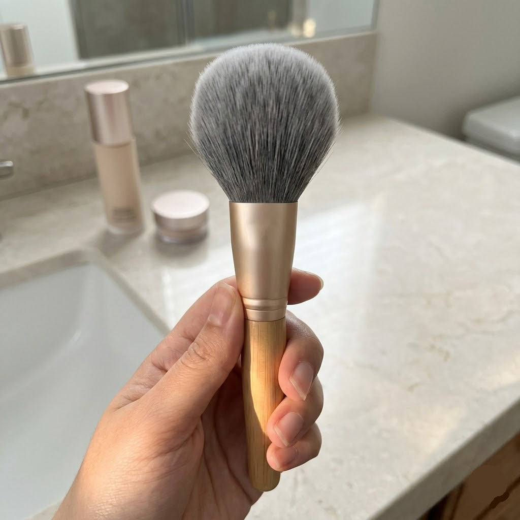 Makeup brush held in a hand with a bathroom counter in the background