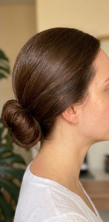 Woman with a styled bun wearing a white top indoors.