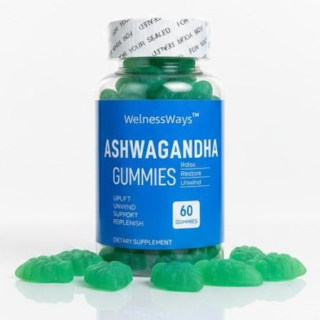 Bottle of Ashwagandha gummies with a blue label on a white background